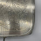 Exceptional footed silver tray with wooden serving handles and bird and floral engraving scene