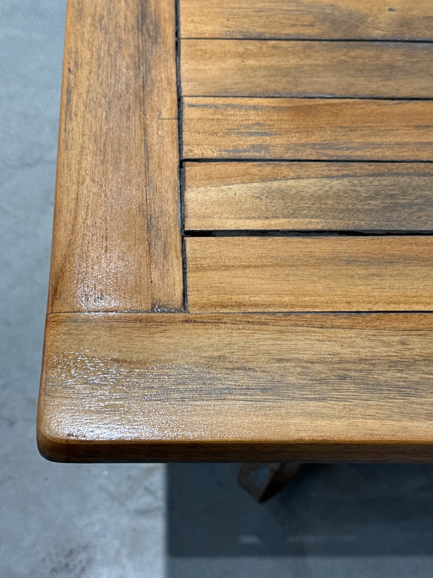 Wood Slatted Square Table with Scrolled Iron Base