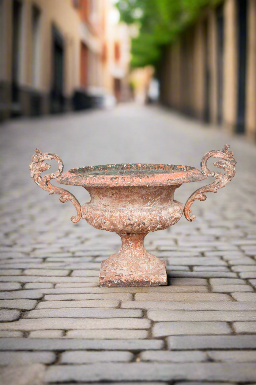 19th Century Original Pink and White  Painted Patina Twin Handled Urn