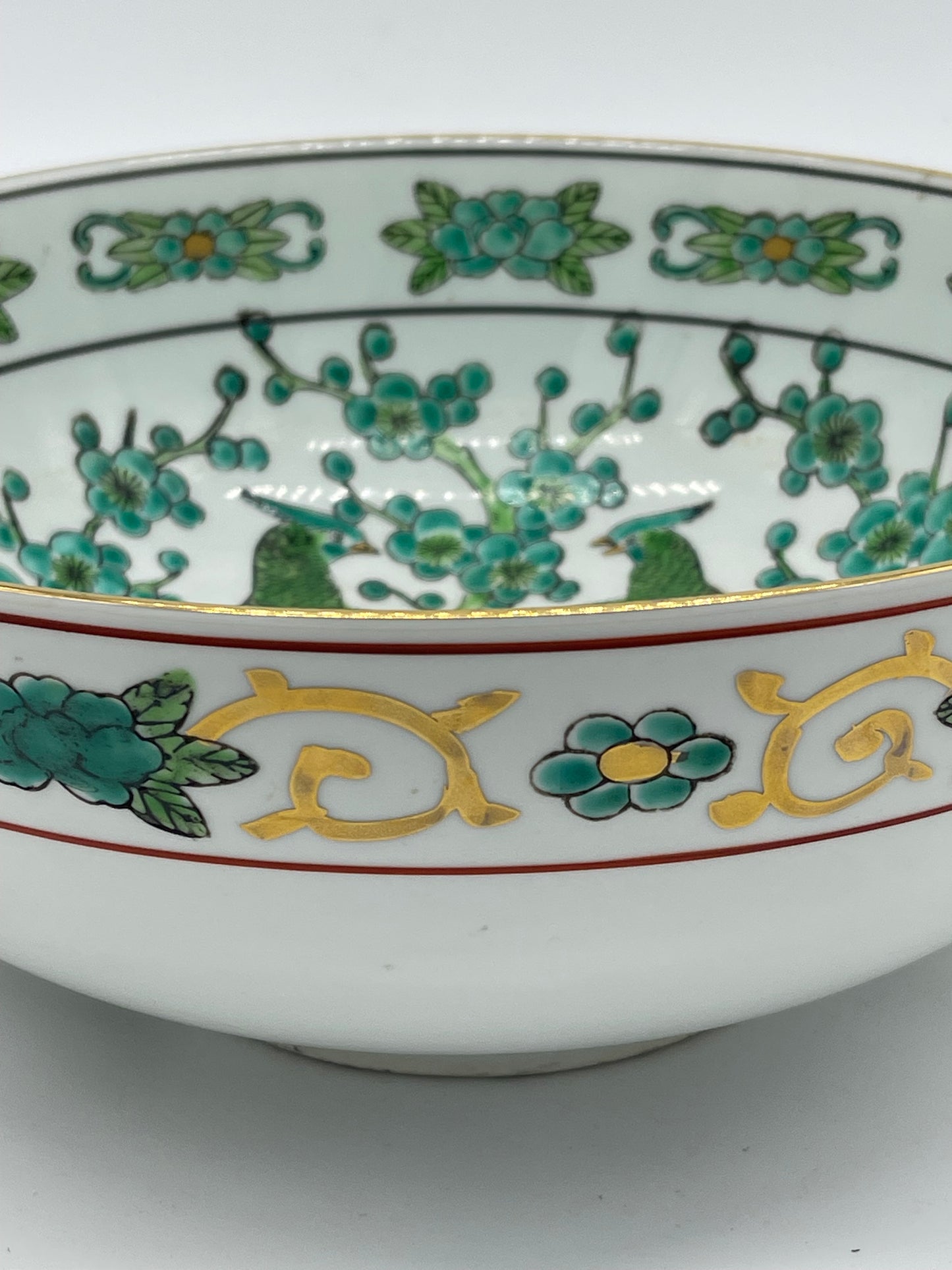 Mid-Century Japanese Gold Imari Green & Gold Porcelain Double Peacock Hand Painted Serving Bowl