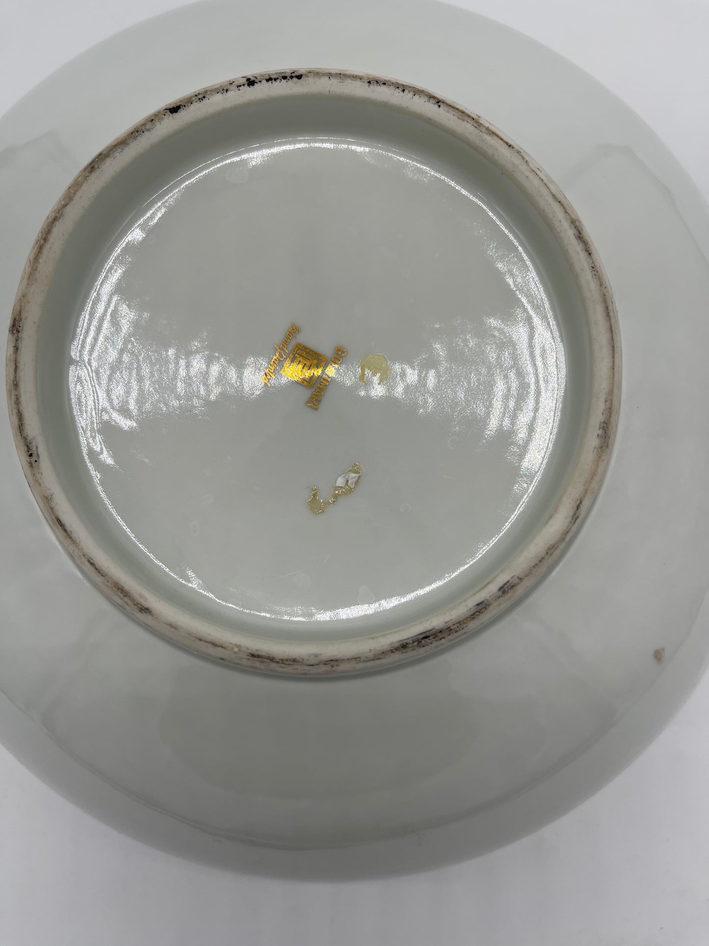 Mid-Century Japanese Gold Imari Green & Gold Porcelain Double Peacock Hand Painted Serving Bowl