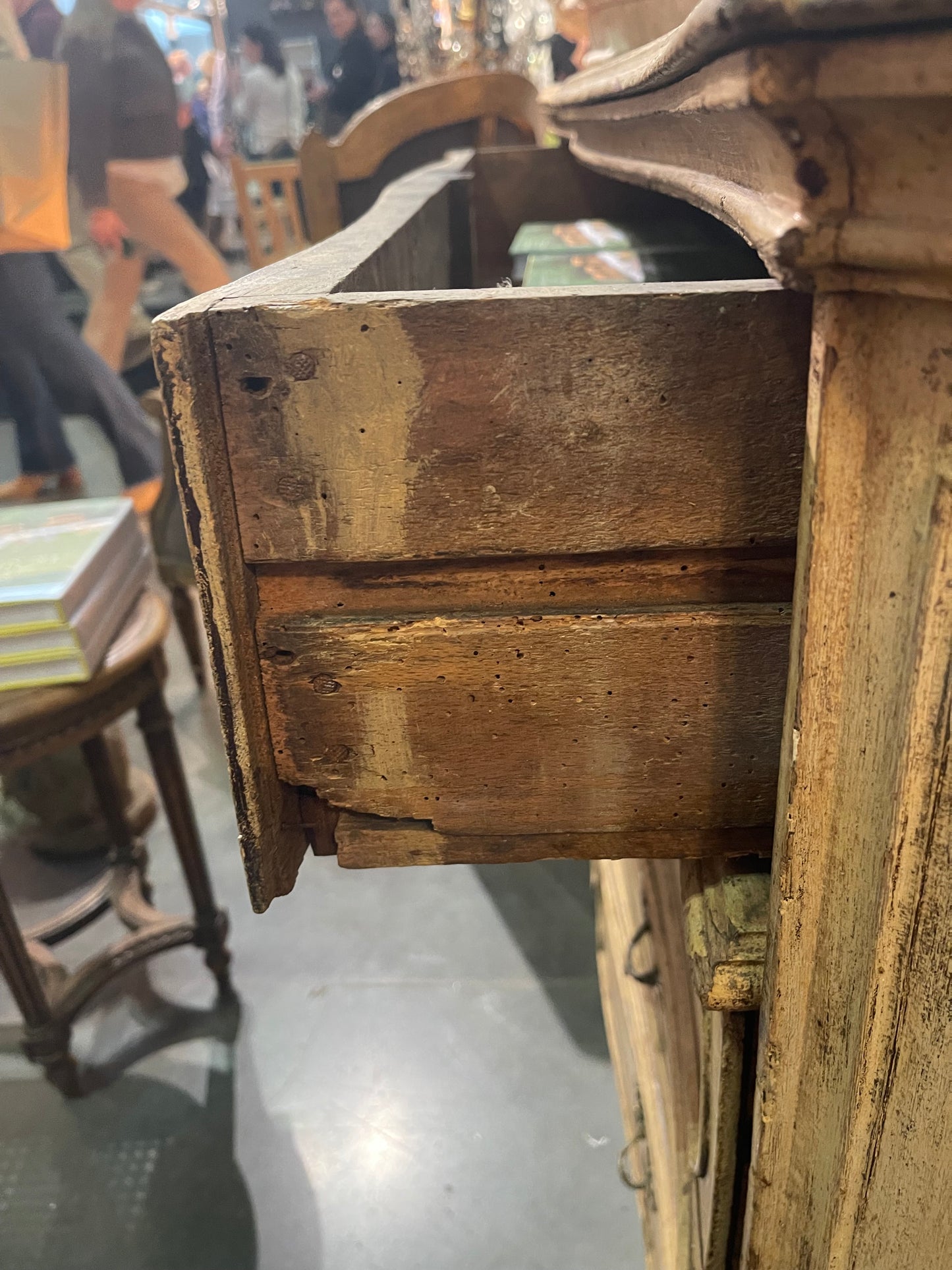 19th Century French Hutch with Glass Doors 3 Drawers with Brass Handles Blue Inside