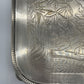 Exceptional footed silver tray with wooden serving handles and bird and floral engraving scene