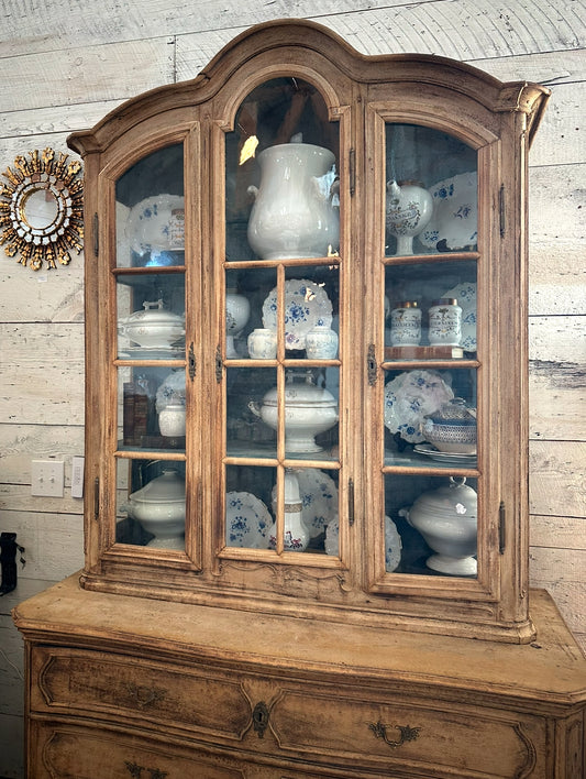 19th Century French Hutch with Glass Doors 3 Drawers with Brass Handles Blue Inside