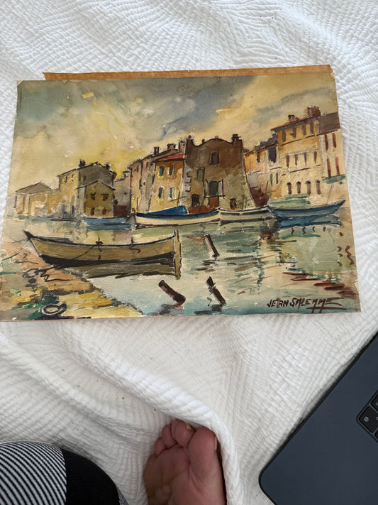 Vintage European Waterfront Watercolor by Jean Salemme – Signed, 1977
