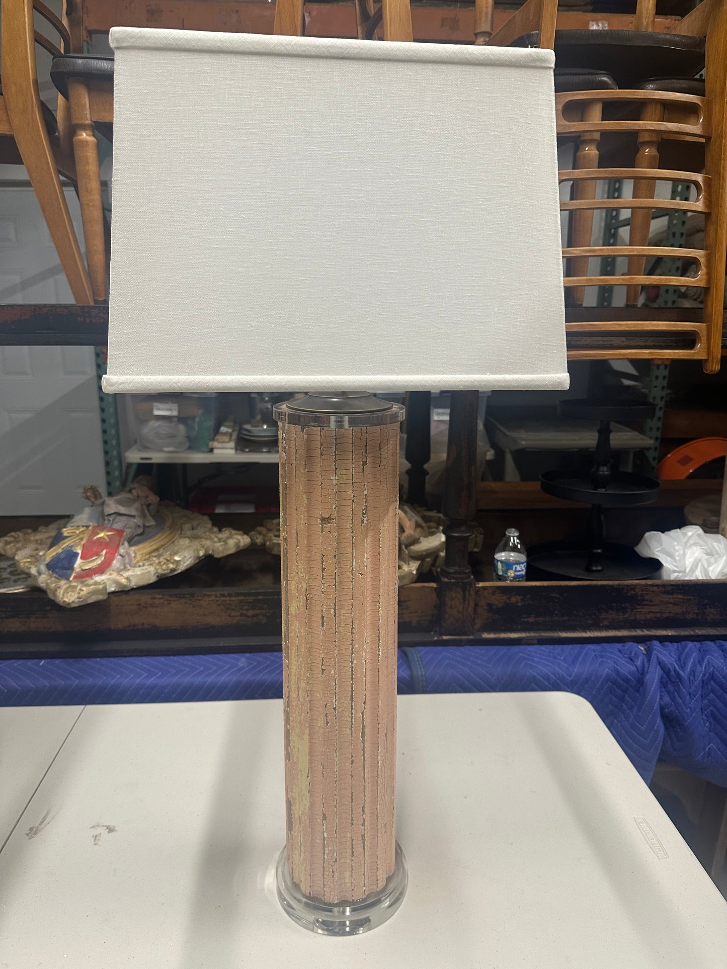 Pink Modern Vintage Lamp in Pink with Crystal Neck and Base with Rubbed Brass Finish