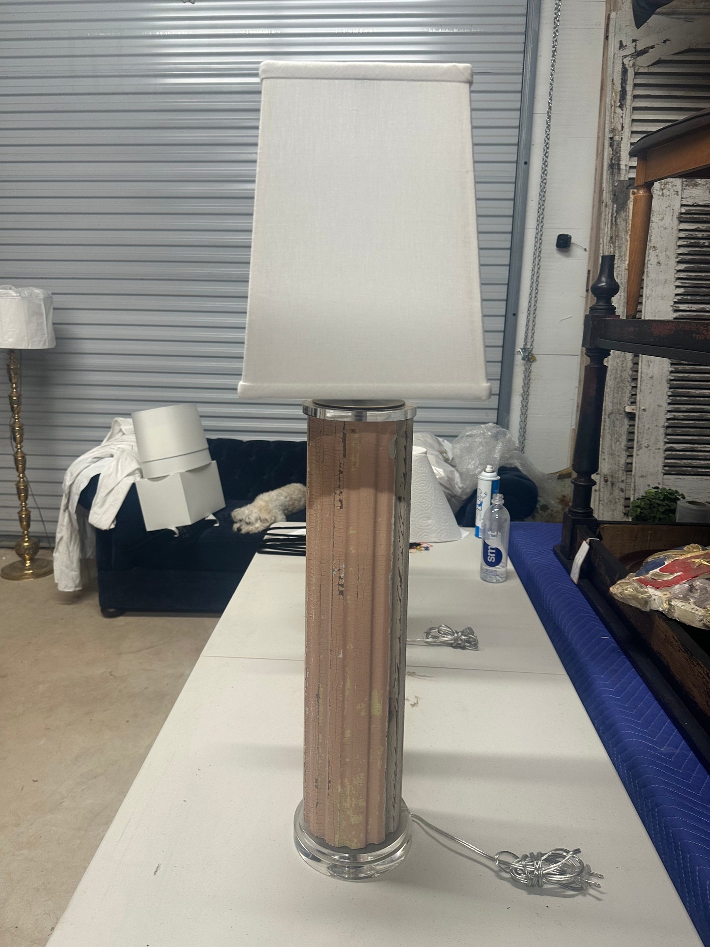 Pink Modern Vintage Lamp in Pink with Crystal Neck and Base with Rubbed Brass Finish