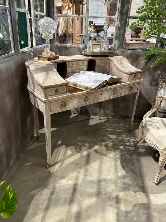 Bleached Mahogany Curved French Desk with Leather Inlay and Casters