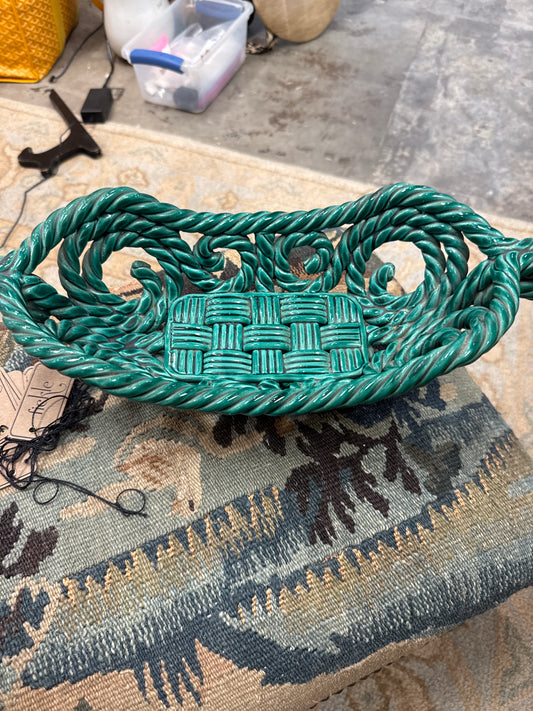 Mid-Century Italian Green Glazed Ropeware Basket in the Style of Capodimonte