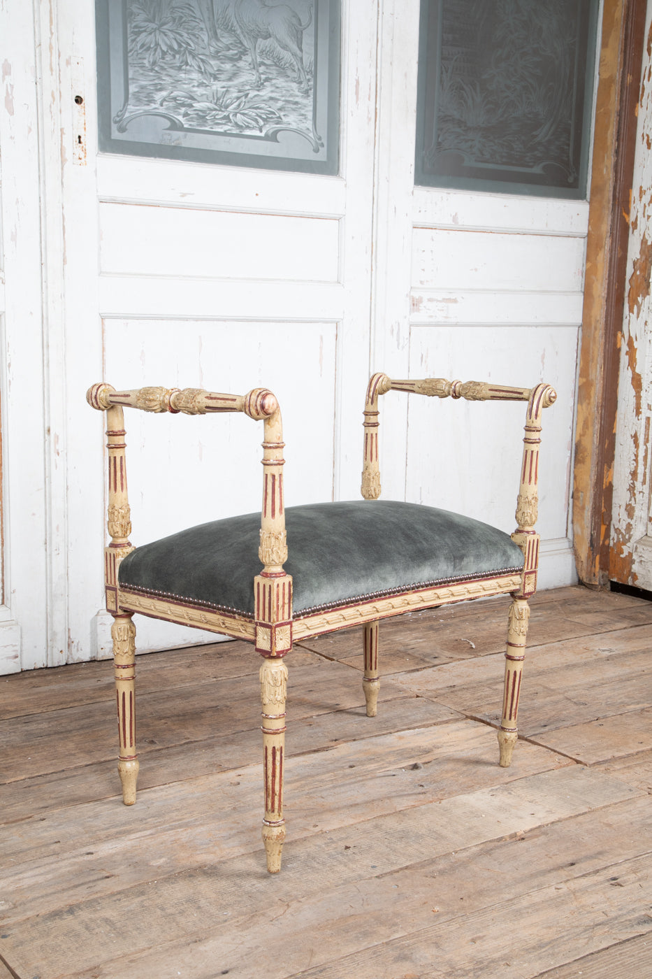 Louis XVI Original Painted Upholstered Stool with Raised Ends