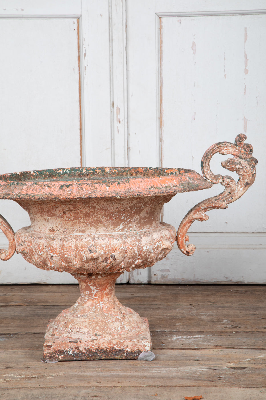 19th Century Original Pink and White  Painted Patina Twin Handled Urn