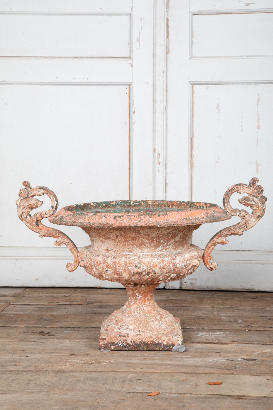 19th Century Original Pink and White  Painted Patina Twin Handled Urn