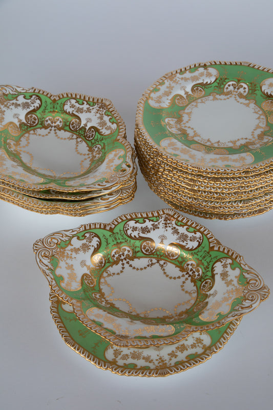 Royal Crown Derby 11 Piece Green and Gilt Dessert Set with Serving Pieces 1880