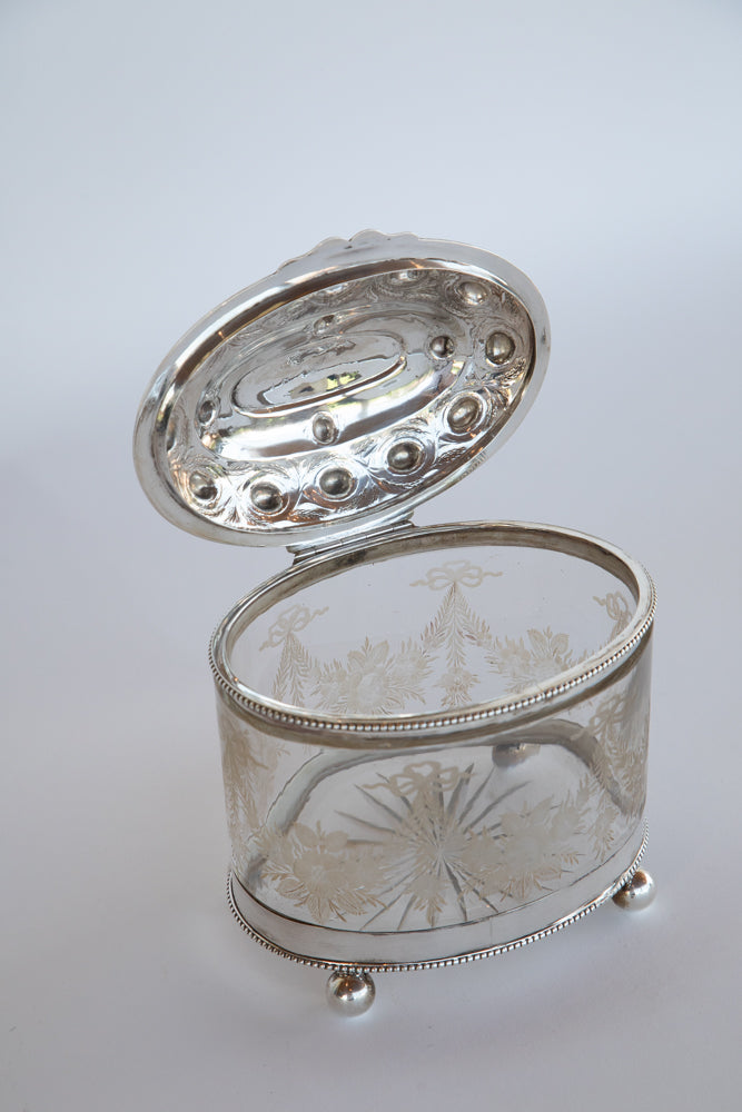 Glass and Silver Biscuit Box with Queen Victoria Stamp